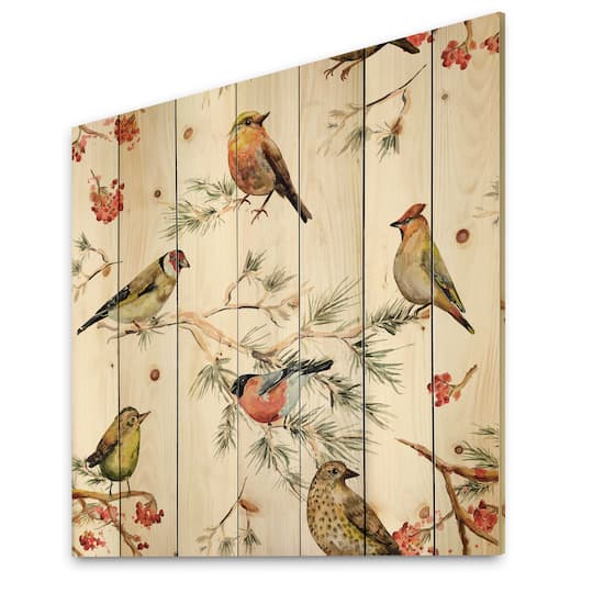 Designart - Forest Birds On Branches - Traditional Print on Natural Pine Wood